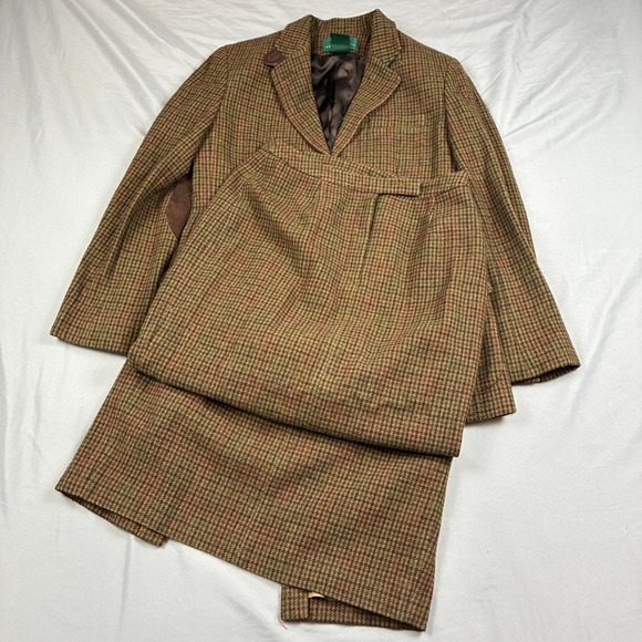 Lauren Ralph Lauren Dresses & Skirts - Lauren Ralph Lauren Skirt Suit Women 8 Brown Houndstooth Wool Suede Patches